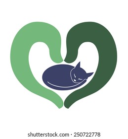Caring for animals Hands in a heart shape, sleeping cat. Vector, logo, symbol.