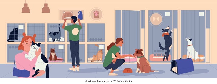 Caring for animals in shelter. Men and women volunteers help, feed and adopt homeless dogs and cats in cages. Characters show love for animals and become pet owners. Cartoon flat vector illustration