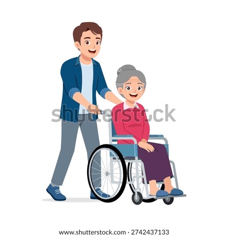 A caring Asian man happily pushes an elderly Asian woman in a wheelchair showing support and kindness