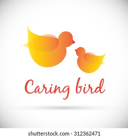 Caring bird, mom and child. isolated on white background. Concept of upbringing and care, kindergarten.  vector logo. 