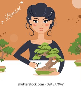 Caring for bonsai. Vector illustration. Cartoon character. Formation of the crown