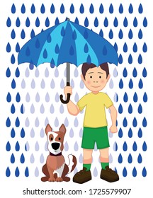 Un niño que se cuida se cubre a sí mismo y a su perro con gotas de lluvia con un paraguas
