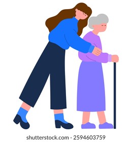 caring caregiver assisting senior woman while walking together flat vector illustration