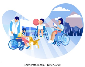 Caring for Children Autistic Vector Illustration. Children Wheelchairs Enjoy Life, Play Dog and Ball. Development Physical Skills, Abilities Children. Organization Leisure and Developmental Centers.