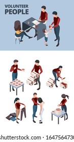 Caring community. Help donation team volunteers people teamwork homeless poverty person vector isometric set