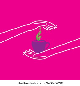 caring concept with hand coffee cup and leaf