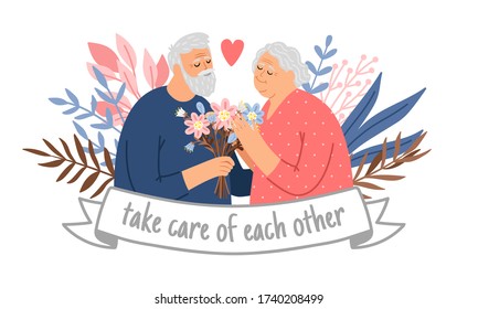 Caring couple of grandparents. Grandfather and grandmother loving family, supportive each other olders, vector illustrations happy adult parents in branches