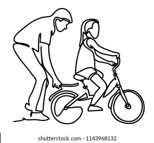 Caring dad teaching daughter to ride bike for the first time. Father man helping girl kid riding bicycle. Continuous line drawing. Isolated on the white background. Vector monochrome, drawing by lines