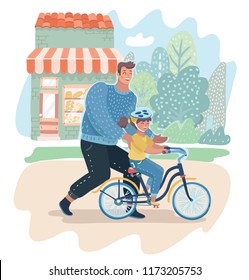 Caring dad teaching daughter to ride bike for the first time. Father teach his girl kid cycling outdoor. Parenting, fatherhood concept. Vector cartoon illustration in modern concept