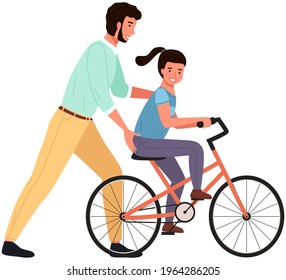 Caring dad teaching daughter to ride bike for first time. Father helping girl kid riding bicycle. Parenting, fatherhood concept. Parent actively spends time with child outdoors. Family walk in park