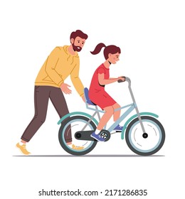 Caring dad teaching daughter to ride bike for first time. Father helping girl kid riding bicycle. Parenting, fatherhood concept. Parent actively spends time with child outdoors. Family walk in park