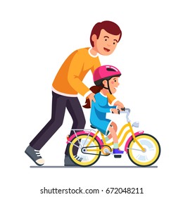Caring dad teaching daughter to ride bike for the first time. Father man helping girl kid riding bicycle. Parenting, fatherhood concept. Flat style vector illustration isolated on white background.