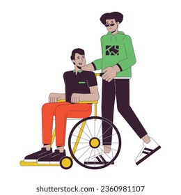 Caring of disabled person flat line concept vector spot illustration. Man helping. Taking care. 2D cartoon outline characters on white for web UI design. Editable isolated color hero image