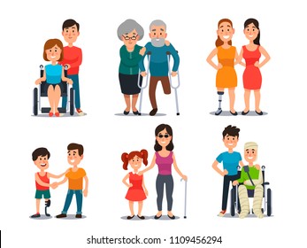 Caring disabled person. Handicapped people with group of friends. Friendly help and care to happy disability man or woman colorful orange green red blue yellow gray purple isolated cartoon vector set