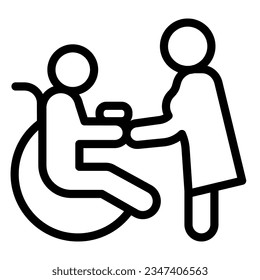 Caring for a disabled person line icon, disability concept, nurse and wheelchair user sign on white background, care for a person icon outline style. Vector graphics.