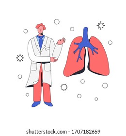 A caring doctor in glasses stands near healthy clean lungs and shows what the lungs should be like in a person. Background - viruses and other hostile environment. Minimal cartoon style