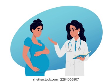 Un doctor que cuida está hablando con una futura madre. Consulta ginecóloga-obstetricia a una mujer embarazada. Una conversación entre un médico y un paciente.