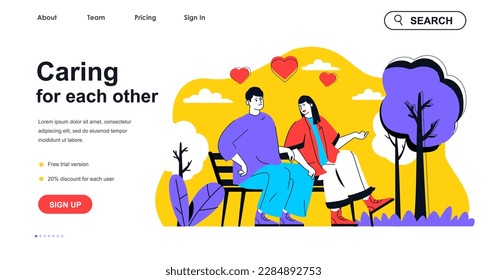 Caring for each other concept for landing page template. Happy man and woman talks sitting on bench. Loving relationship people scene. Vector illustration with flat character design for web banner