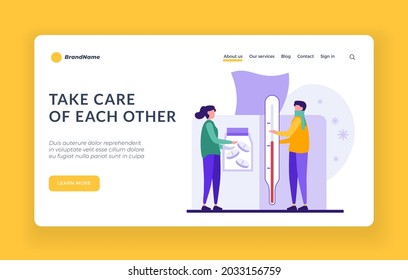Caring for each other. Medicines support in case illness of loved one and friendly cooperation. Help with pandemic with charity partnership. Protection and donations. Vector home page flat banner