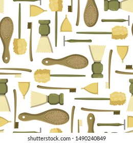 Caring for the earth is caring for ourselves seamless pattern with brush, luffa sponge, toothbrushes, shaving razor and brush and menstrual cup.Vector illustration isolated on transparent background