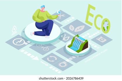 Caring for earth and saving planet. Environmental protection, preservation of clean nature and waste disposal. Using of eco friendly or sustainable technologies, electricity using green technologies