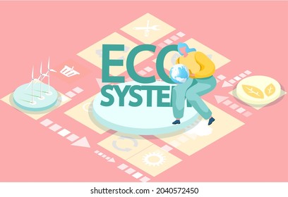 Caring for earth and saving planet. Environmental protection, preservation of clean nature and waste disposal. Using of eco friendly or sustainable technologies, electricity using green technologies