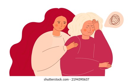 Caring for the elderly concept vector of. Daughter hugs mom, grandmother. Senior care for the elderly. Old Wonham has Alzheimer's.