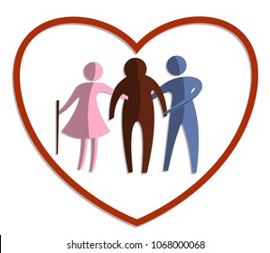 caring for the elderly concept, young people prop up elderly people, vector flat draw