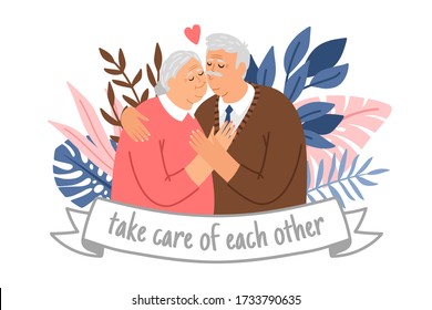 Caring elderly couple. Happy grandparents take care of each other, cheering adults, cheerful old male and female portrait in love, smiling elderly seniors hug cartoon romance