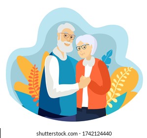 Caring elderly couple. Joyful nice elderly couple smiling while being in a great mood. Happy grandparents cheering adults, cheerful old male and female portrait in love, smiling elderly seniors hug 