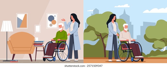 Caring elderly disabled people home and on street. Social worker helps old man in wheelchair. Female nurse or volunteer character. Medical assistance cartoon flat isolated vector concept