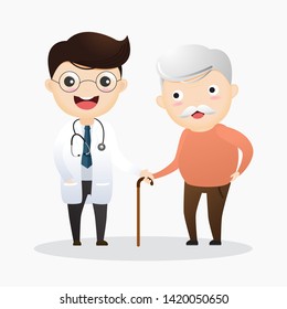 Cuidar de los ancianos. Doctor y viejo. vector, ilustración.
