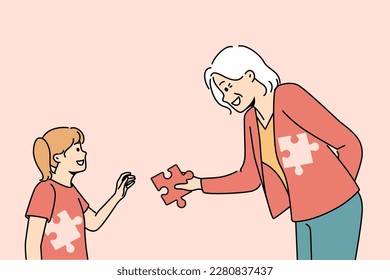 La abuela anciana que se ocupa de cuidar le da un rompecabezas a la niña completa. Amar a la sonriente anciana sacrifica ayuda a los niños. Ilustración vectorial. 