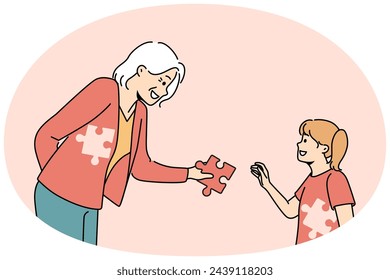 Caring elderly grandmother give jigsaw puzzle to complete little girl child. Loving smiling old woman sacrifice help kid. Vector illustration.