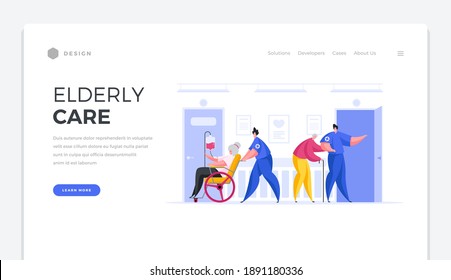 Caring for elderly landing page template. Male characters nurses in specialized asscostumes help old people get around. Medical istance and care for people aged with treatment services vector banner.