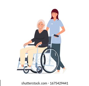 Caring for the elderly. A nurse is taking her grandmother in a wheelchair.