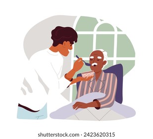 El concepto de cuidado de las personas mayores. Chica ayuda a un anciano en la cama. Atención médica y medicina, tratamiento. Elemento gráfico para el sitio web. Dibujo vectorial plano de dibujos animados aislado en fondo blanco