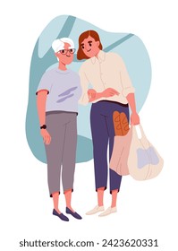 Caring for elderly person concept. Girl help old woman with bags. Health care and medicine, treatment. Sticker for social networks. Cartoon flat vector illustration isolated on white background