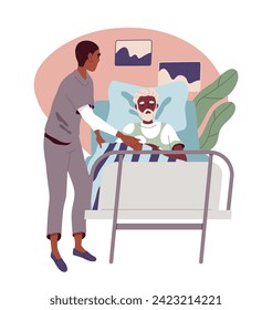 Caring for elderly person concept. Nurse help old man in bed. Health care and medicine, treatment. Kindness and charity. Poster or banner. Cartoon flat vector illustration isolated on white background