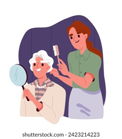 Caring for elderly person concept. Nurse help old woman with brush. Health care and medicine, treatment. Kindness and charity. Cartoon flat vector illustration isolated on white background