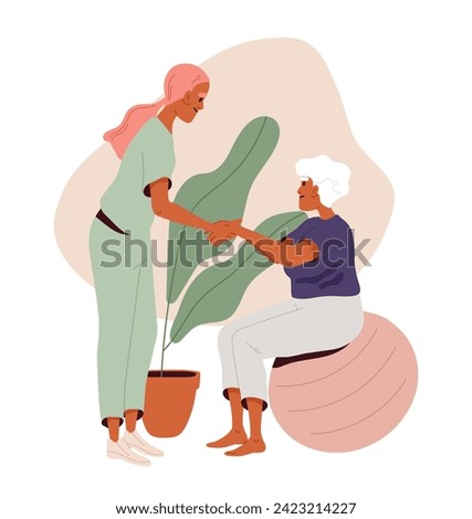 Caring for elderly person concept. Nurse help old woman. Health care and medicine, treatment. Kindness and charity. Cartoon flat vector illustration isolated on white background
