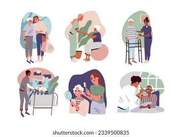 Caring for elderly set. Nurses, doctor and caregivers in nursing home take care of old men and women. Volunteers help aged people at home and hospital. Cartoon flatvector isolated on white background