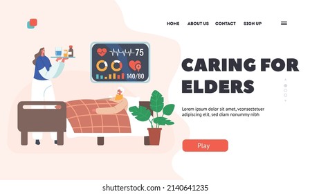 Caring for Elders Landing Page Template. Nurse Bring Medicines to Old Woman Lying in Hospital Room, Health Care Medical Concept. Senior Patient Character at Clinic . Cartoon People Vector Illustration