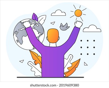 Caring for environment concept. Man enjoys clean and ecological planet. Air purification, waste recycling and economical use of resources. Cartoon doodle flat vector illustration on white background