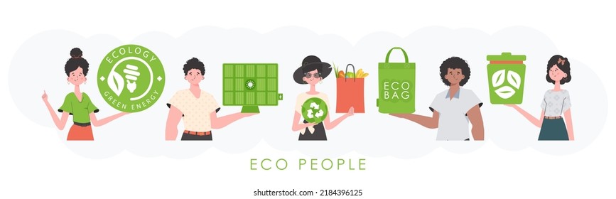 Caring for the environment. ECO friendly People. Flat trendy style. Vector illustration.