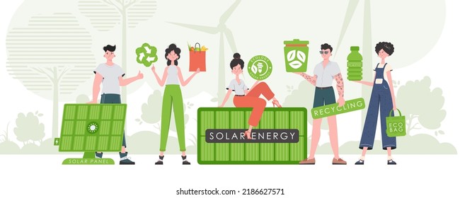 Caring for the environment. ECO friendly People. Flat trendy style. Vector illustration.