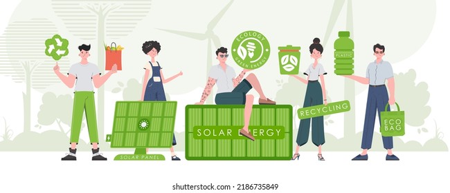 Caring for the environment. ECO friendly People. Flat trendy style. Vector.