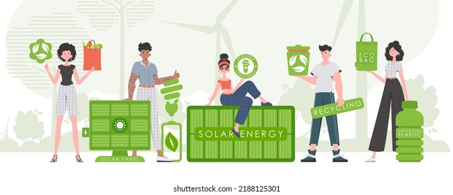 El cuidado del medio ambiente. Gente amigable con la OCE. Personajes de moda. Vector.