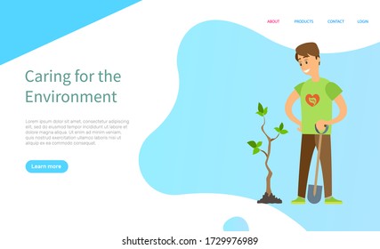 Caring for environment, man holding shovel and planting tree, portrait view of man gardening plant, protect ecosystem, seedling with leaves vector. Website or slider app, landing page flat style