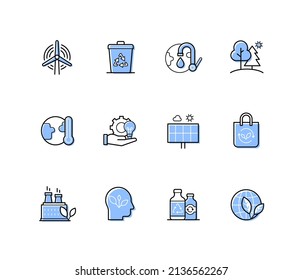 Caring for the environment - modern line design style icons set with editable stroke. Alternative energy, waste recycling, natural resources, factory, solar panel, nature, plants, global warming idea